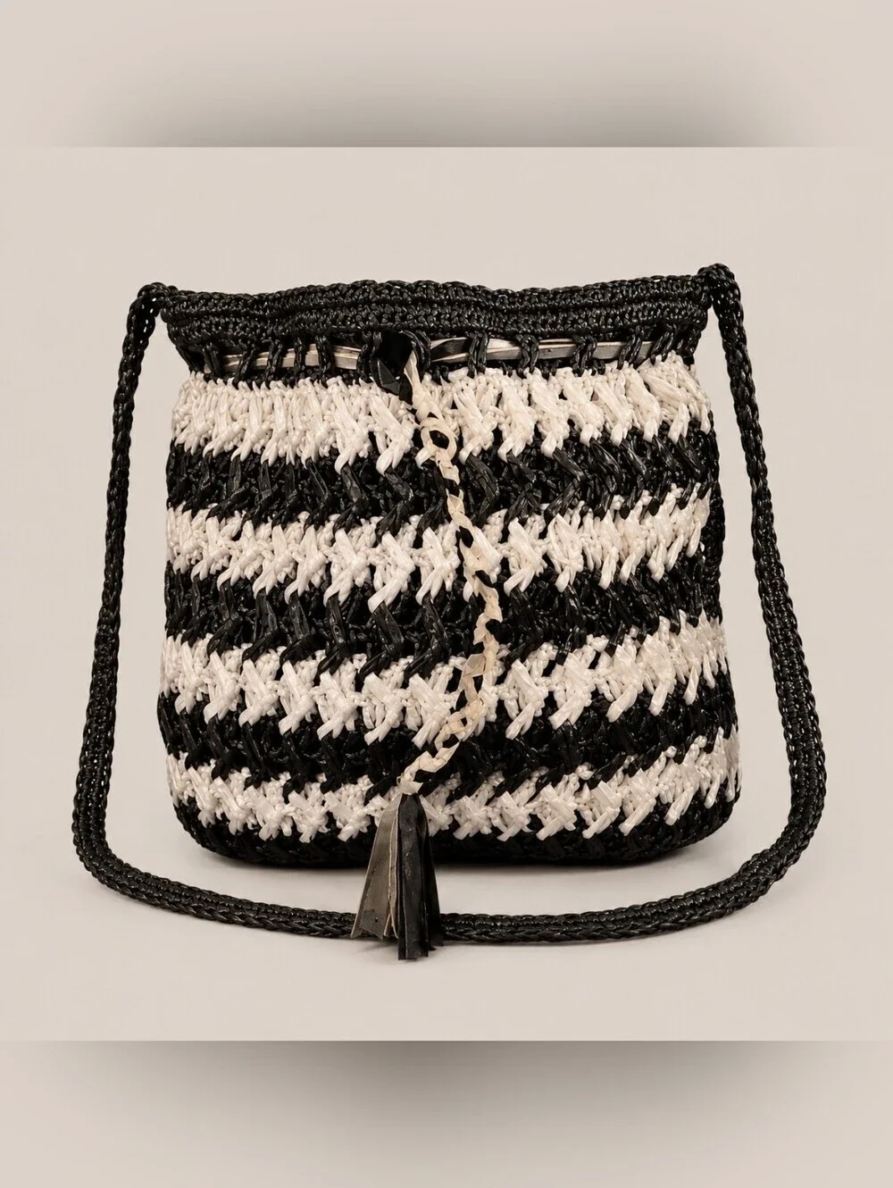HANDMADE Monochrome Raffia Crochet Cinch Hobo Crossbody Festival Bag